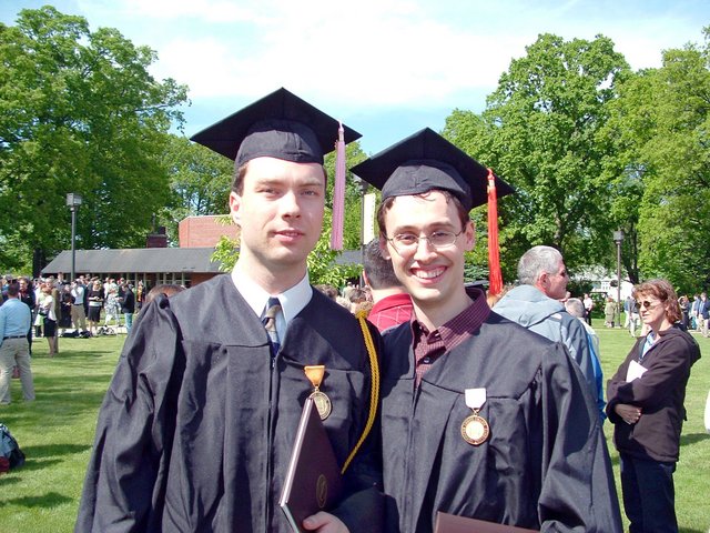 Carl Bear and Caleb Sancken pose after commencement by the Valparaiso Univ. Book Store.